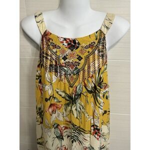 Style & Co Tropical Floral Bird Yellow Tiered Maxi Ankle Embroidered Dress L